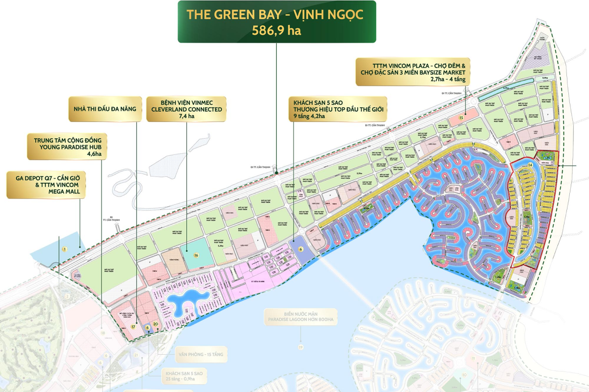 The Green Bay (Vịnh Ngọc) được định hình như một phân khu sinh thái – chăm sóc sức khỏe với mật độ xây dựng thấp, ưu tiên không gian xanh, mặt nước và hệ tiện ích giúp cư dân tái tạo năng lượng mỗi ngày